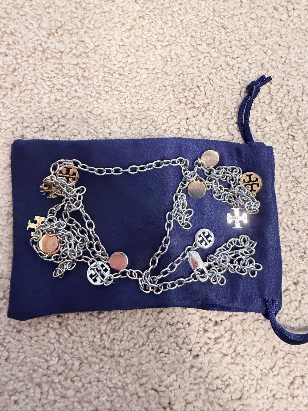 Tory Burch Silver-Tone Logo Charm Chain Necklace with Navy Pouch